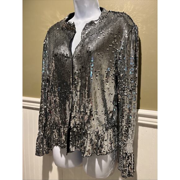 INC Blazer Womens M Urban Chic Party Sequins Peplum Bell Sleeves Silver - Picture 5 of 9